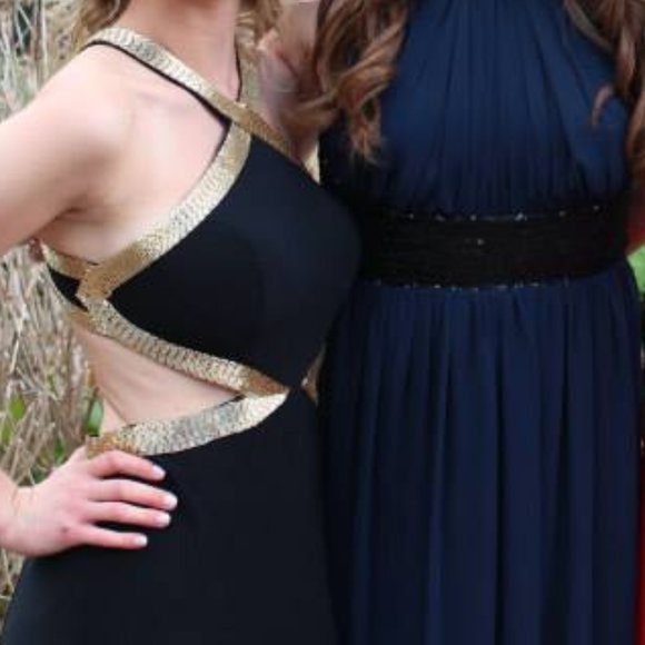 Black and Gold Bugle Beaded Cutout Prom Dress - Picture 3 of 7